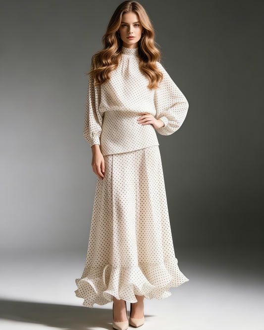 High-Neck Batwing Blouse & Midi Skirt Polka Dot Set