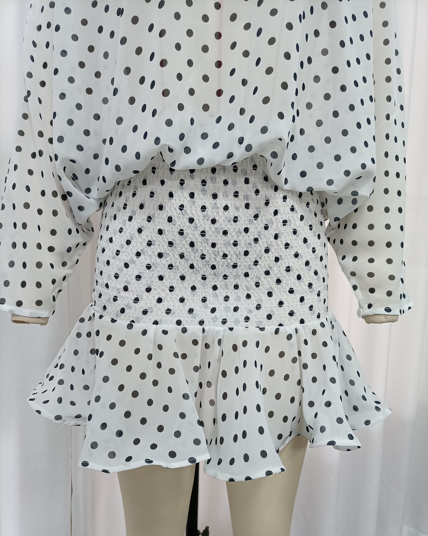 High-Neck Batwing Blouse & Ruffle Mini Skirt Polka Dot Set