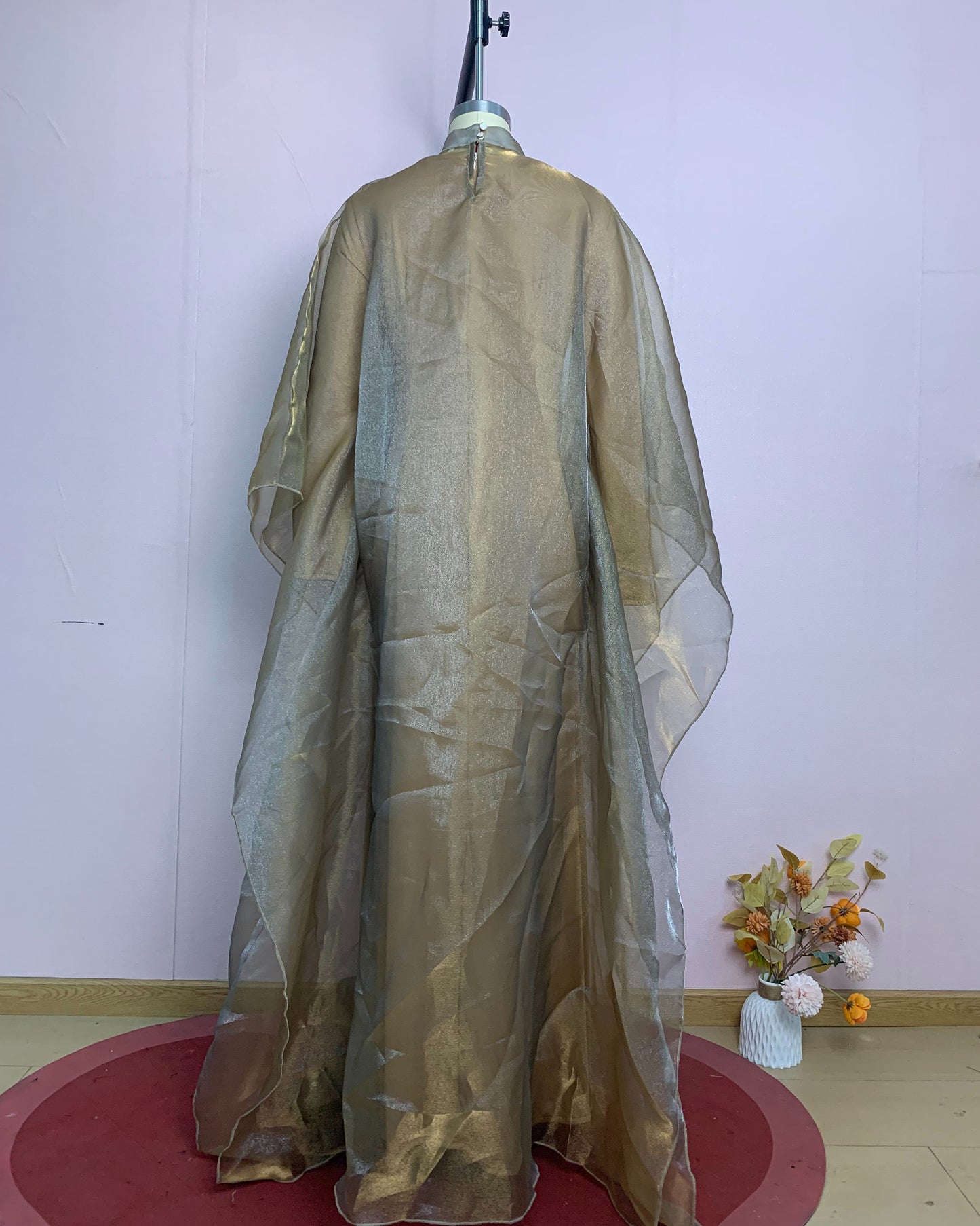 High Neck Organza Cape Sleeve Maxi Dress