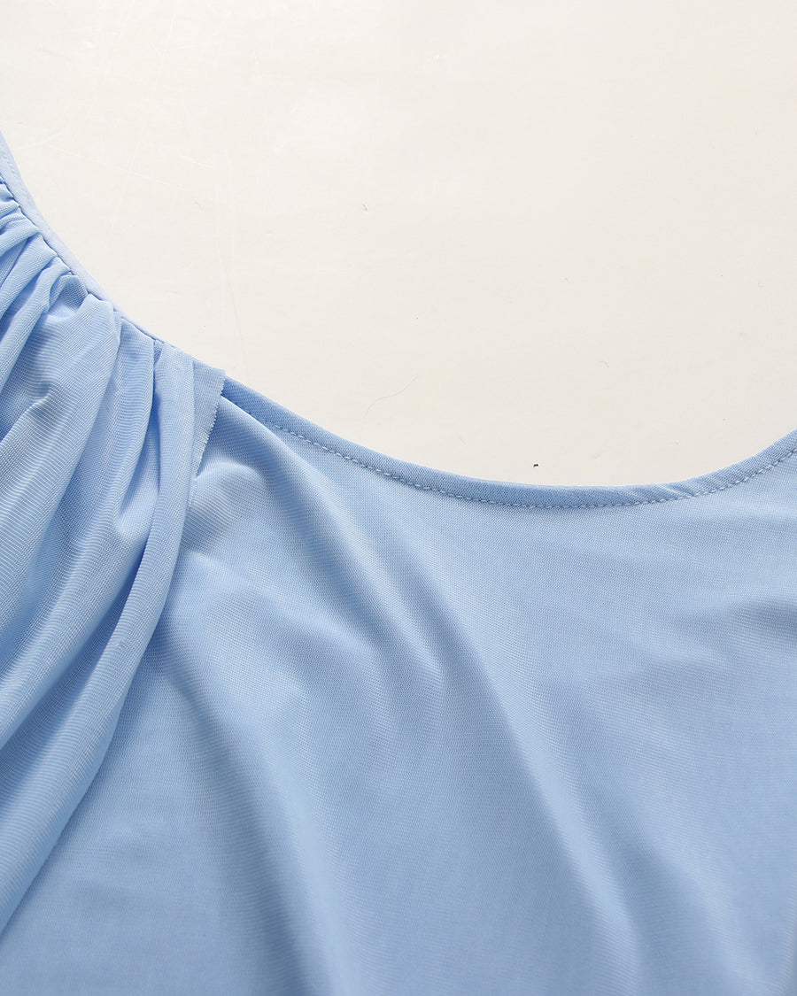 Babyblue One Shoulder Draped Mesh Floor Maxi Dress