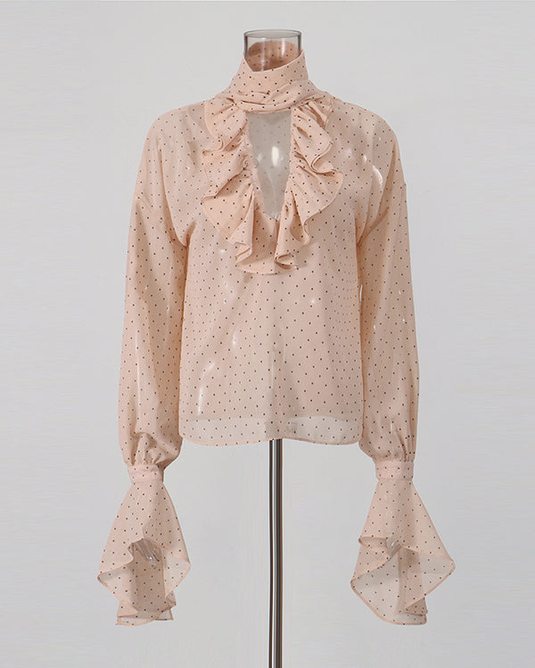 Pink Polka Dot Ruffle Neck Blouse