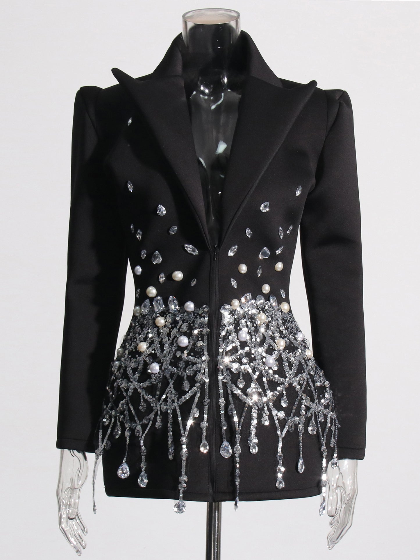 Glamorous Black Blazer - Style Dress with Crystal and Pearl Embellishments