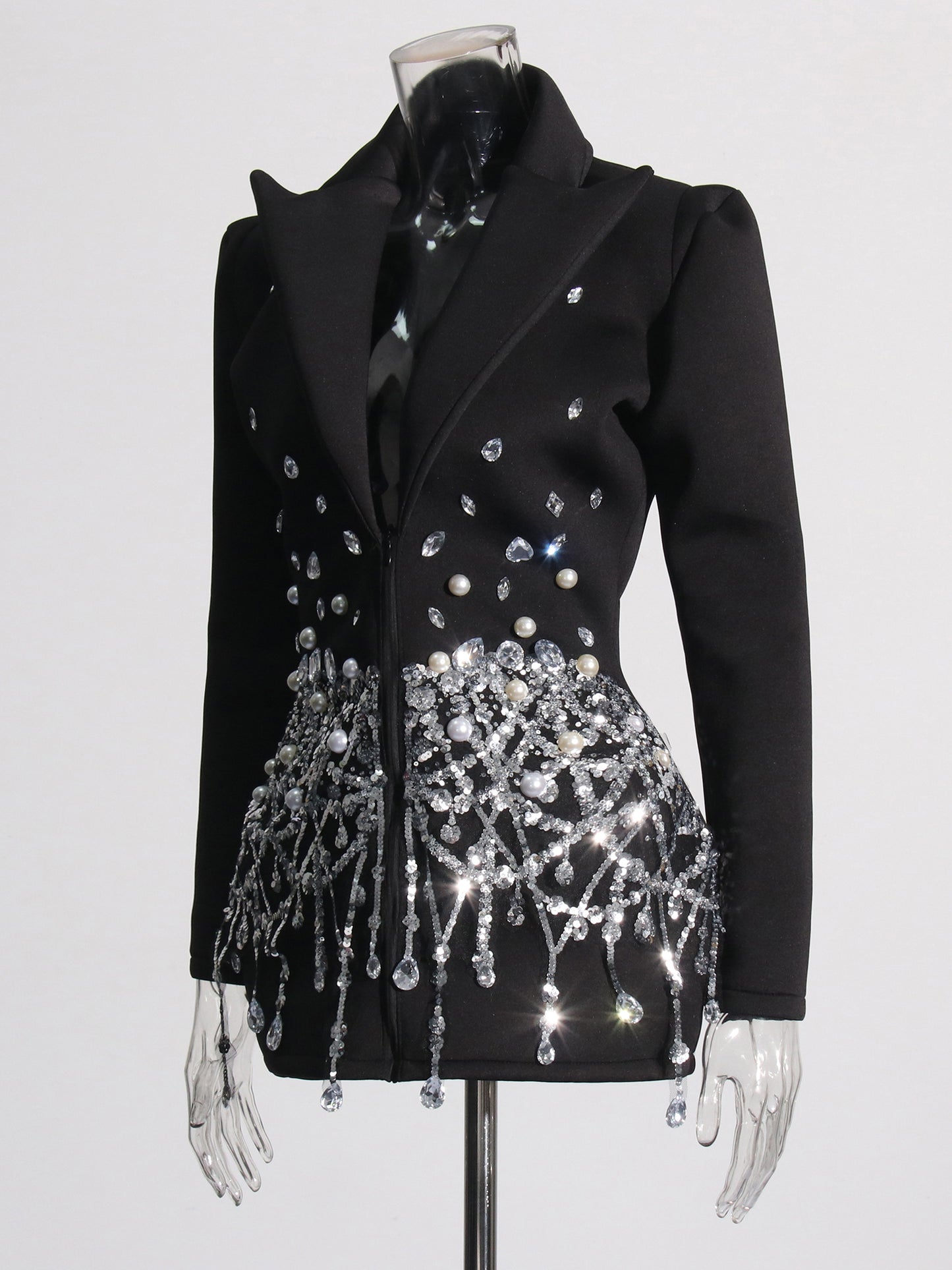 Glamorous Black Blazer - Style Dress with Crystal and Pearl Embellishments