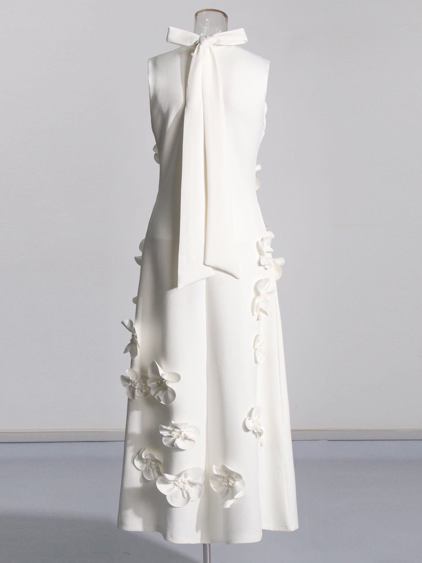 Elegant White Maxi Dress with 3D Floral Appliqués