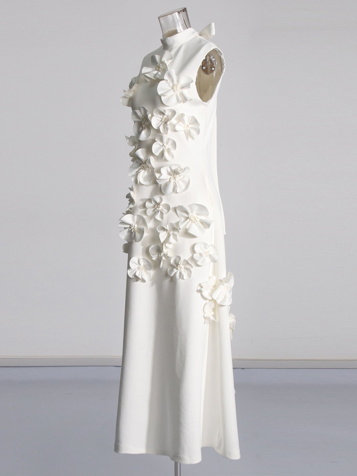 Elegant White Maxi Dress with 3D Floral Appliqués