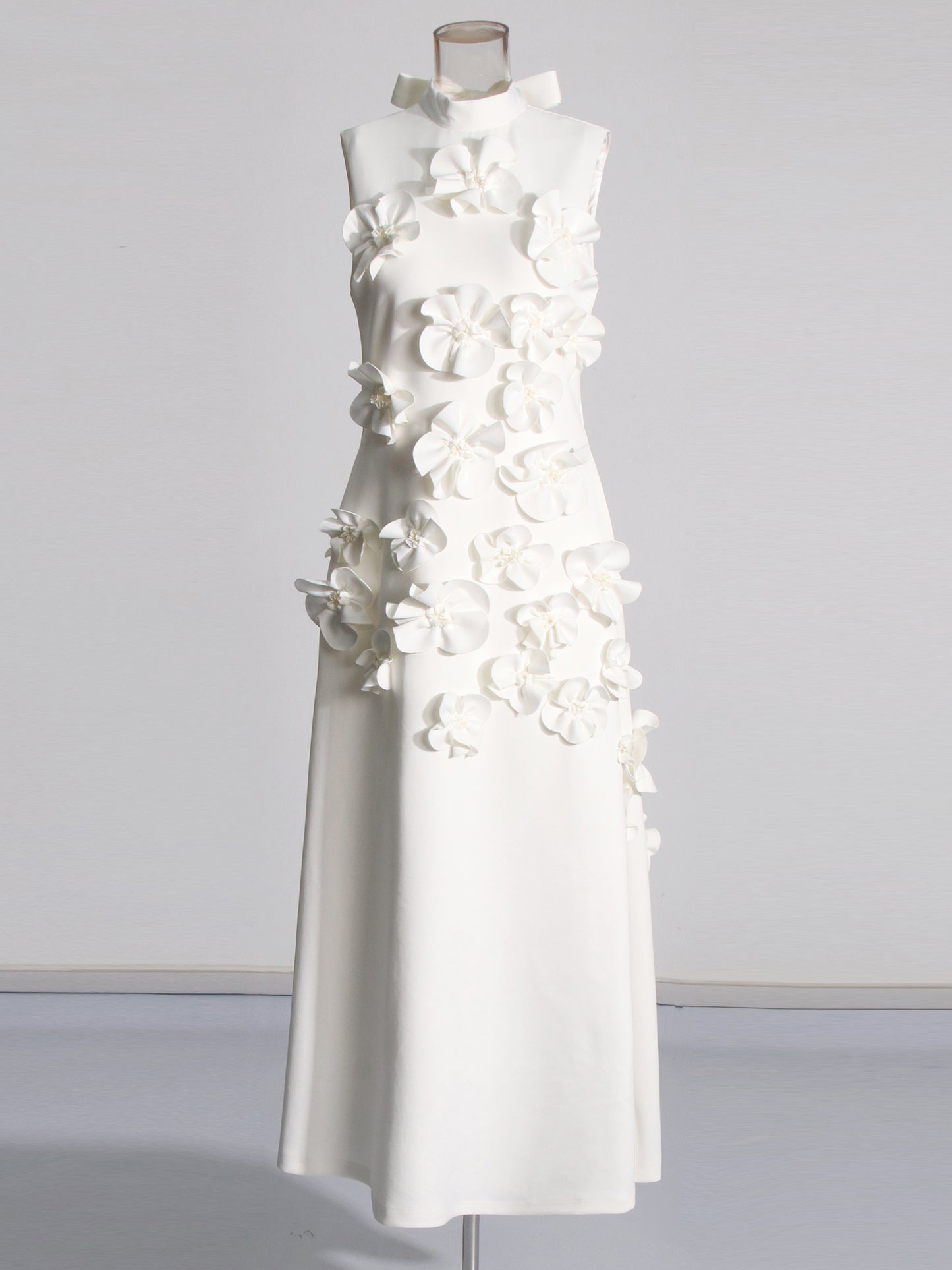 Elegant White Maxi Dress with 3D Floral Appliqués