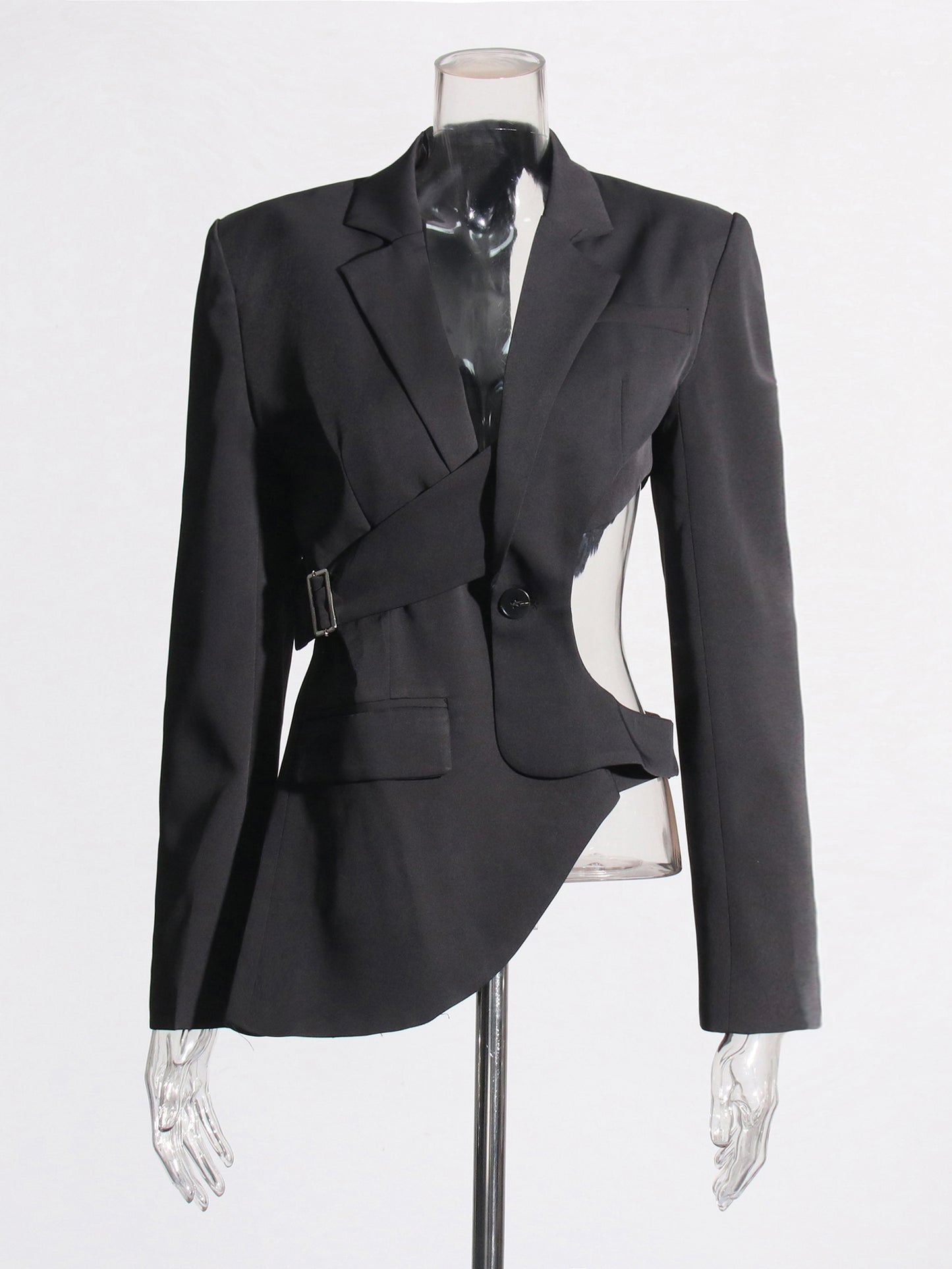 Stylish Black Cut - out Asymmetric Blazer with Belt