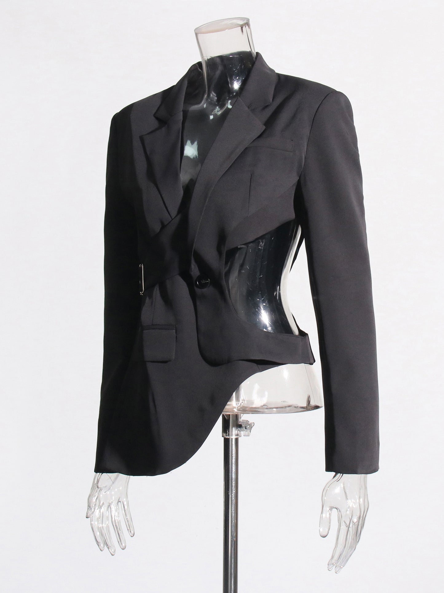 Stylish Black Cut - out Asymmetric Blazer with Belt