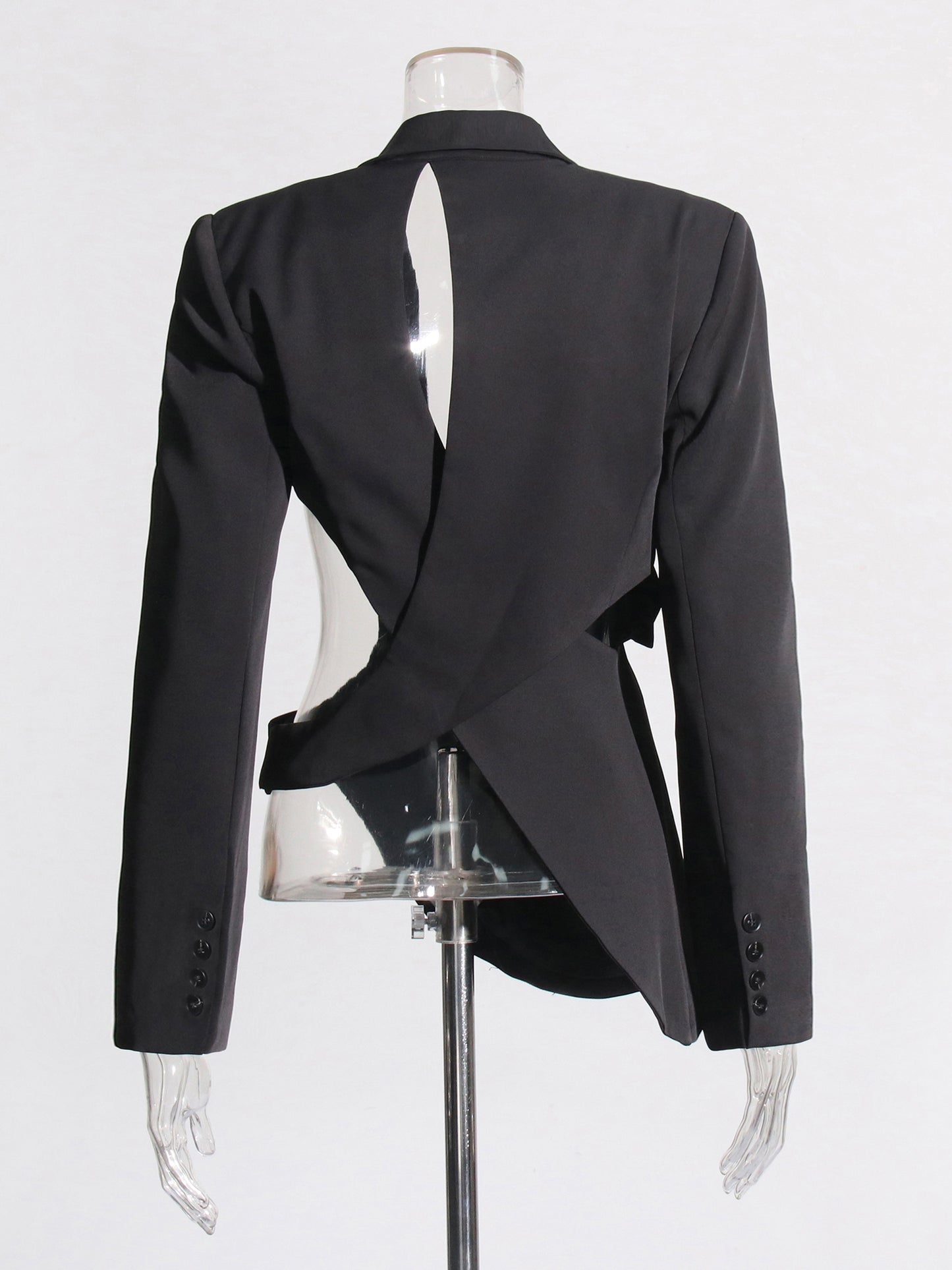 Stylish Black Cut - out Asymmetric Blazer with Belt