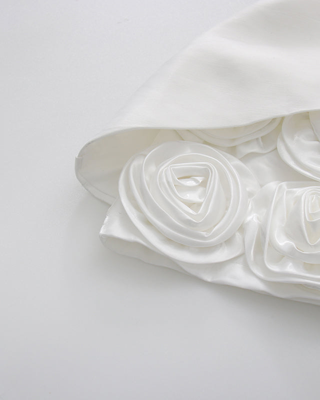 White Satin Rose Appliqué Strapless Mini Dress