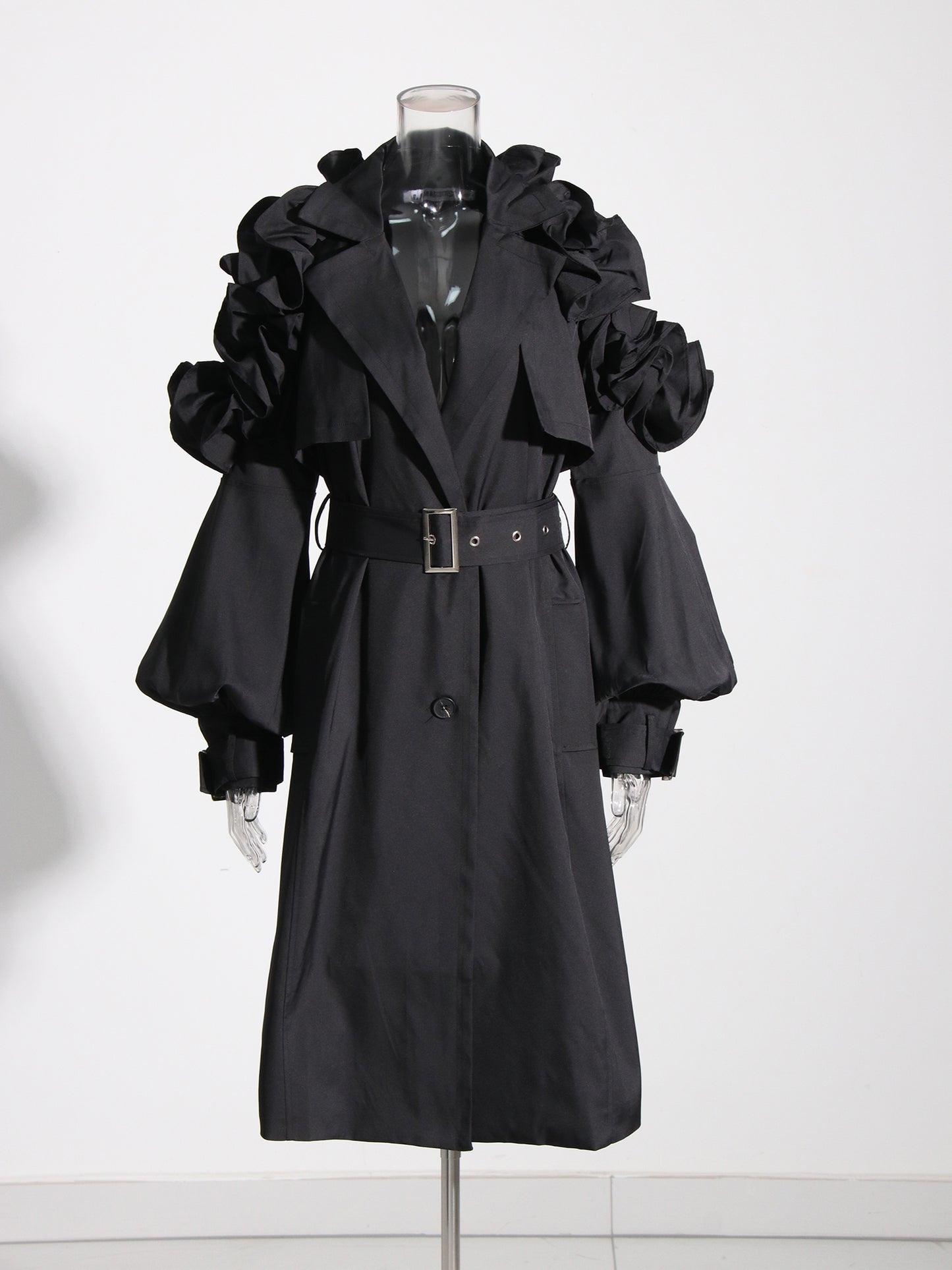 Gothic - Chic Black Ruffled Trench Coat with Belt