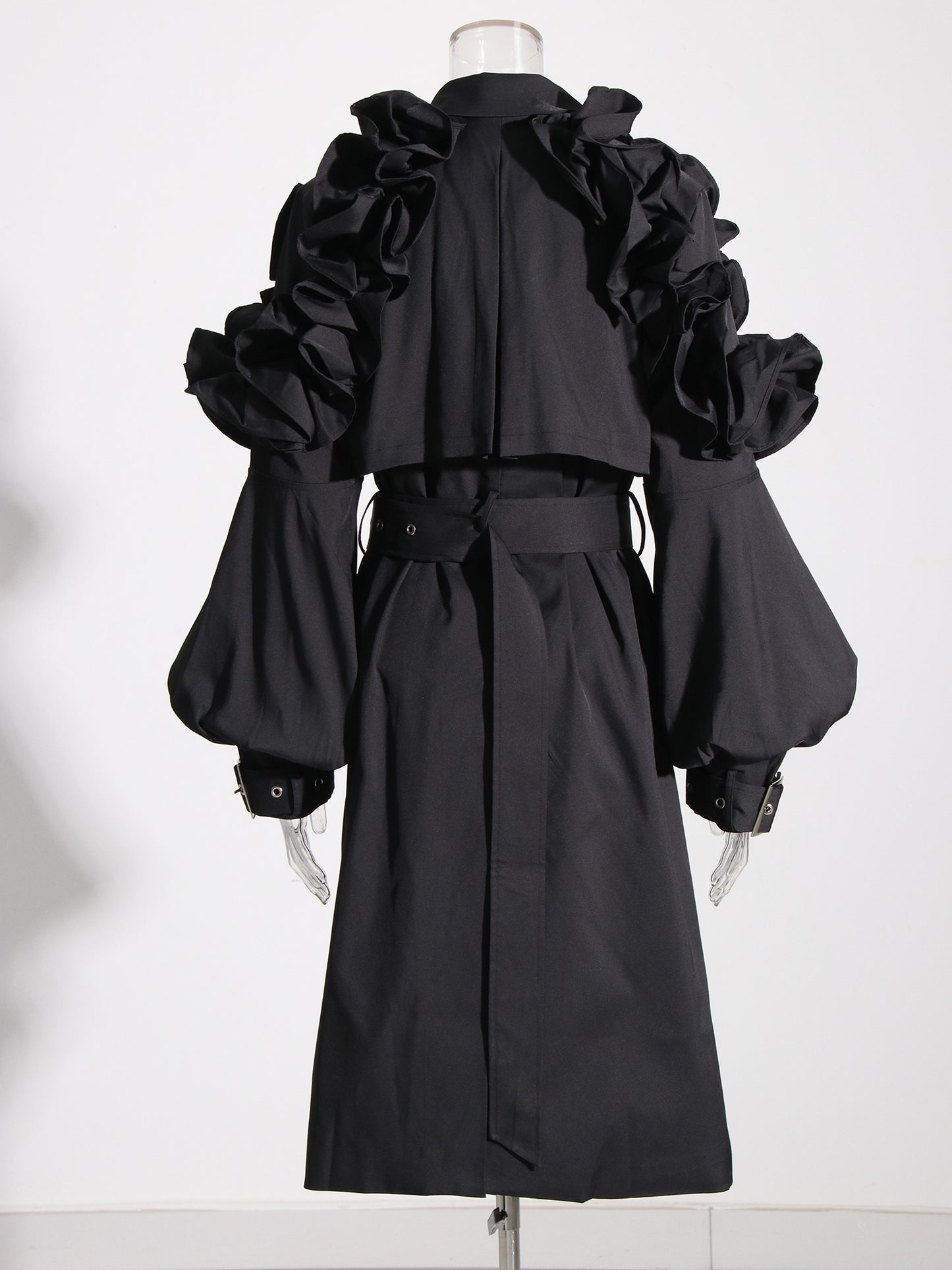 Gothic - Chic Black Ruffled Trench Coat with Belt
