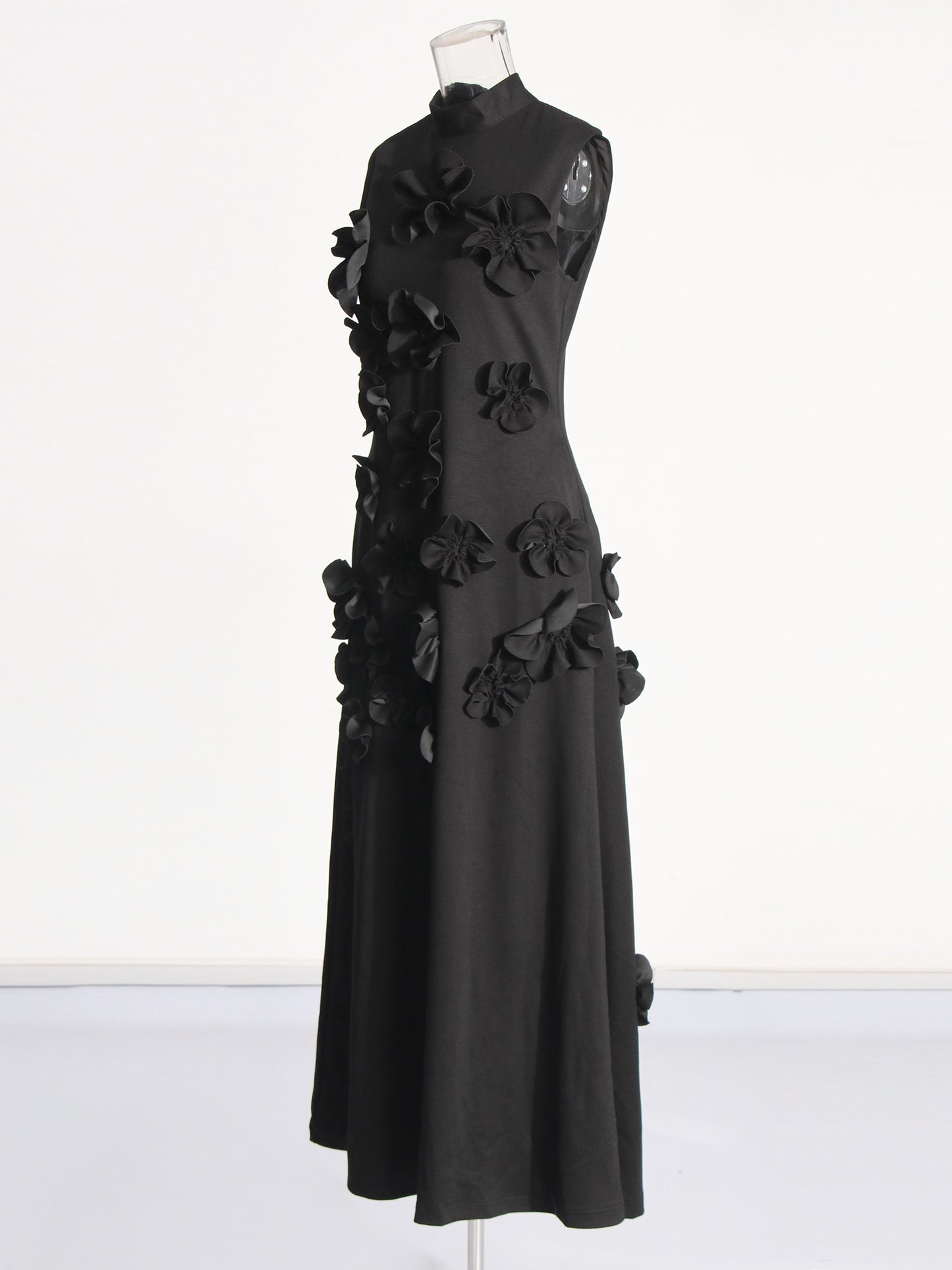Glamorous Black Maxi Dress with 3D Floral Appliqués