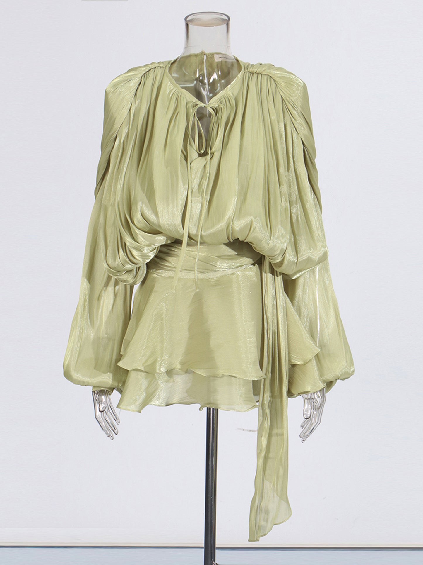 Exquisite Olive Green Tie - Neck Wrap Mini Dress
