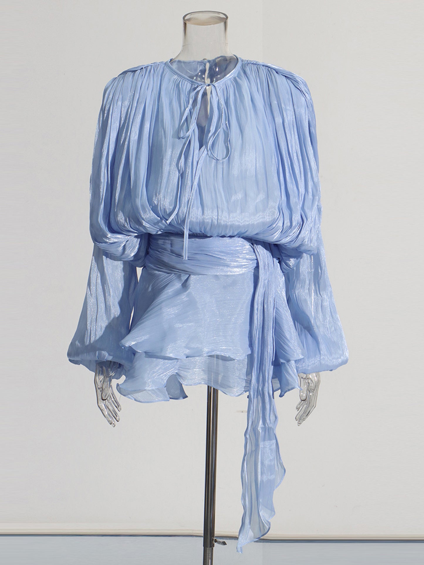 Charming Light Blue Tie - Neck Wrap Mini Dress