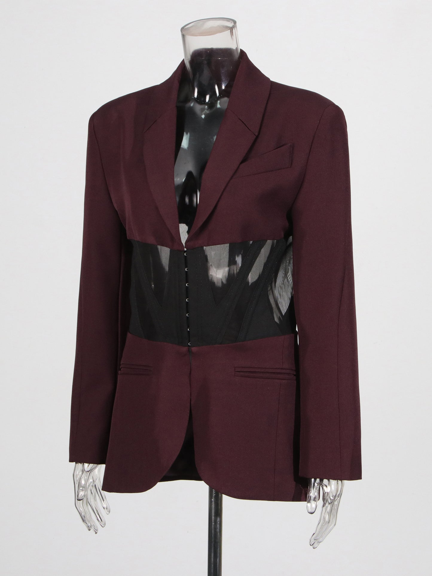 Avant - Garde Burgundy Blazer with Sheer Corset Detail.