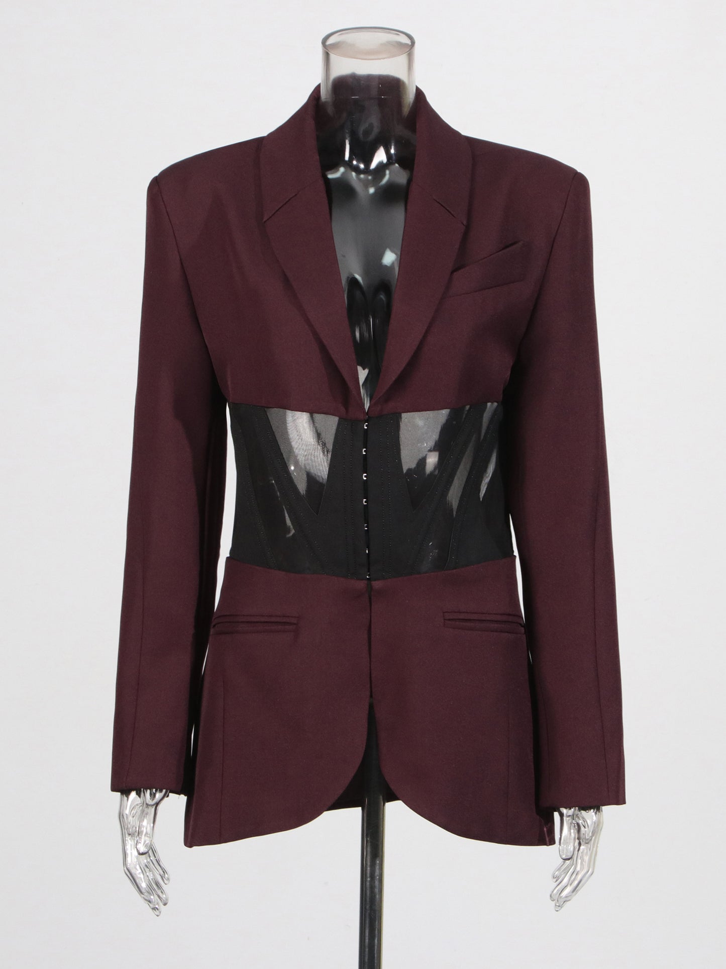 Avant - Garde Burgundy Blazer with Sheer Corset Detail.