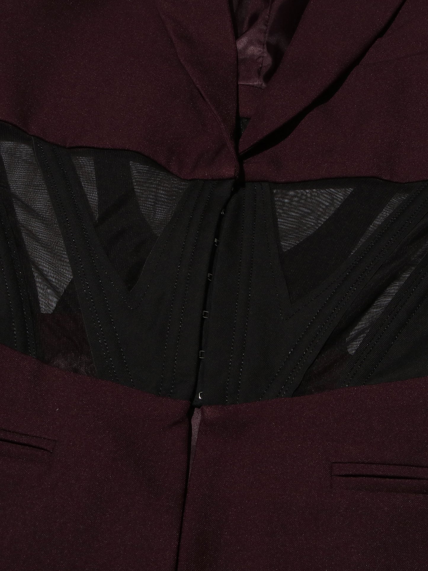Avant - Garde Burgundy Blazer with Sheer Corset Detail.