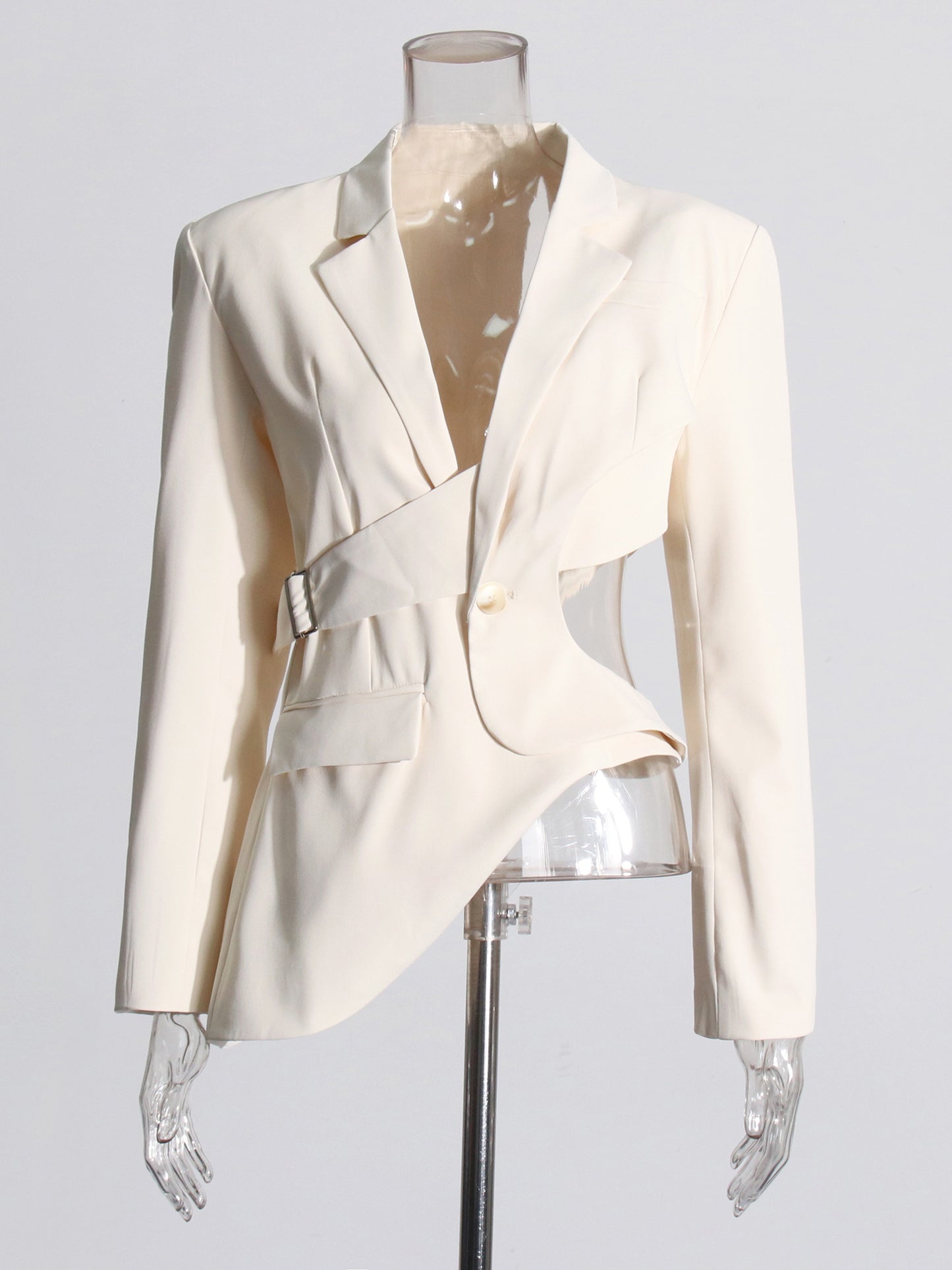 Edgy Apricot Cutout Asymmetric Blazer with Belt Detail
