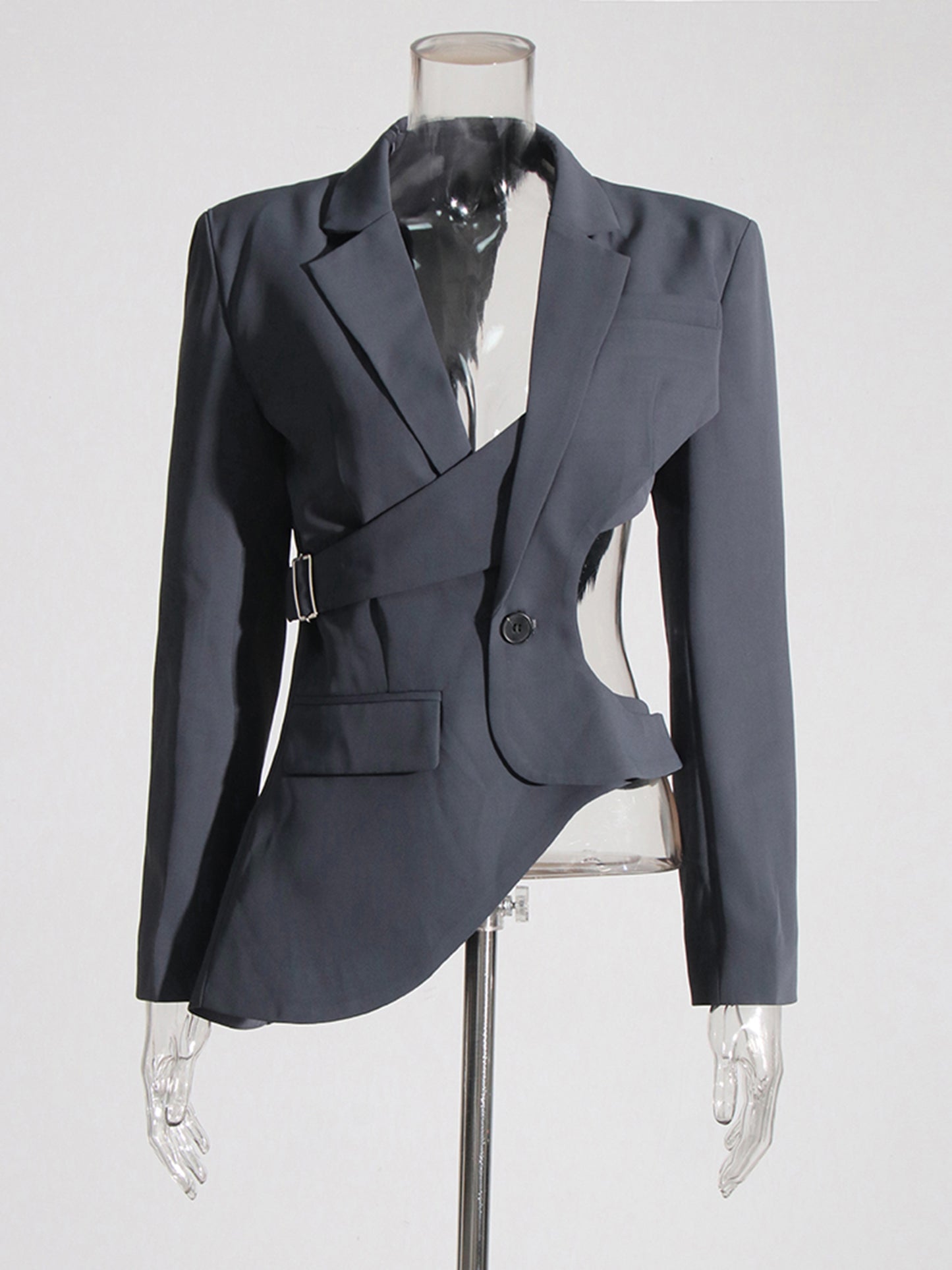 Edgy Gray Cutout Asymmetric Blazer with Belt Detail