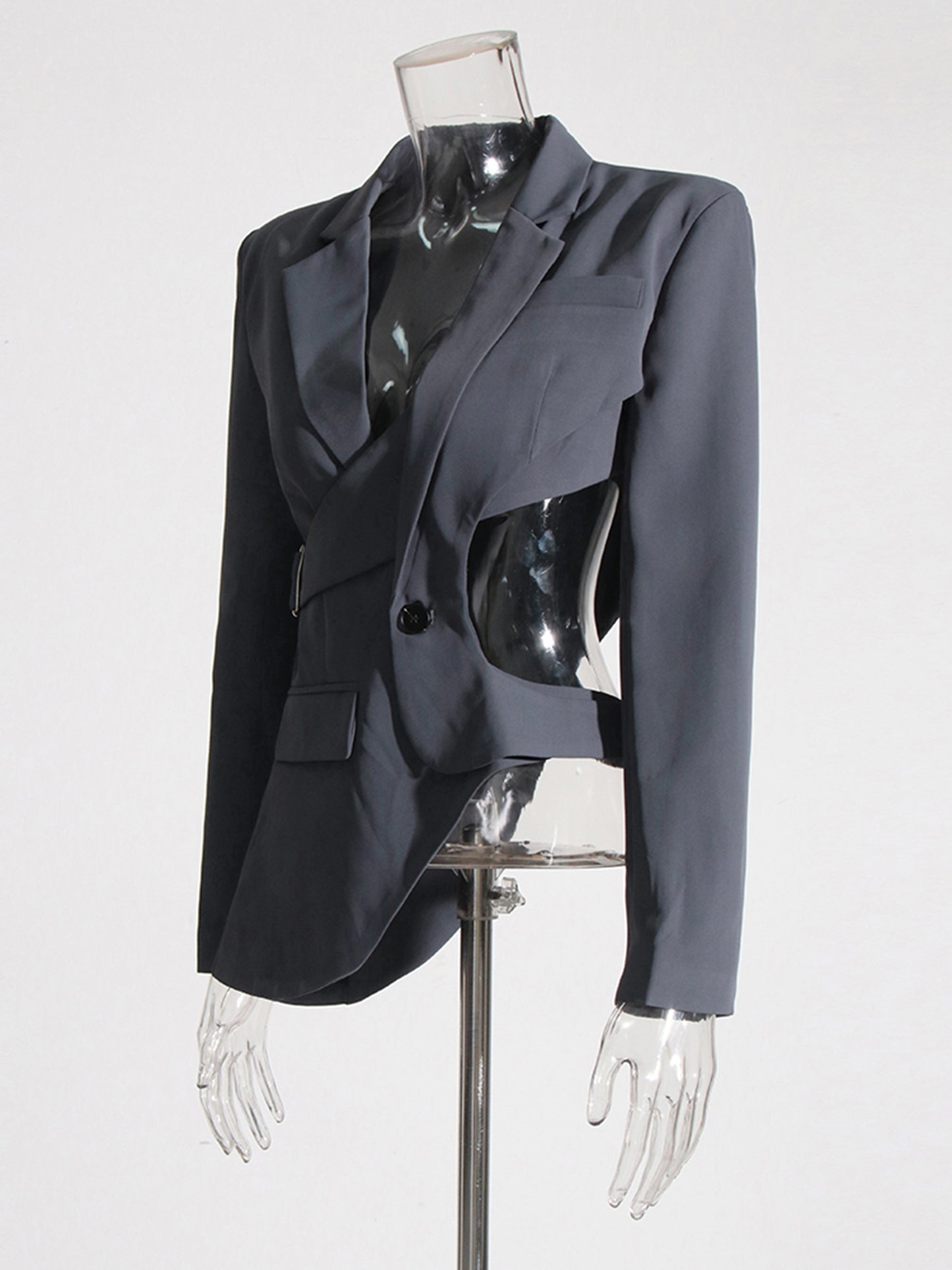 Edgy Gray Cutout Asymmetric Blazer with Belt Detail