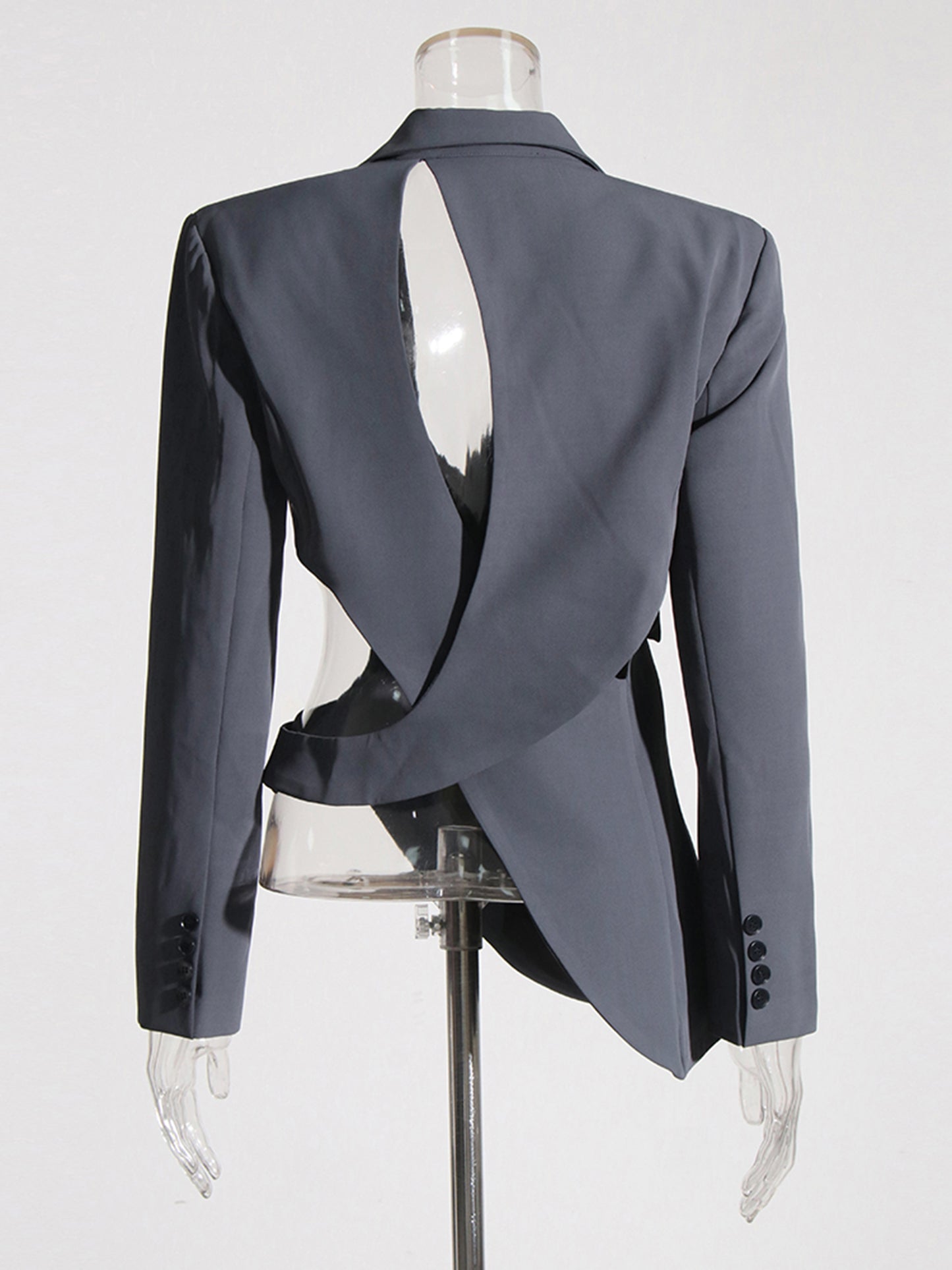 Edgy Gray Cutout Asymmetric Blazer with Belt Detail