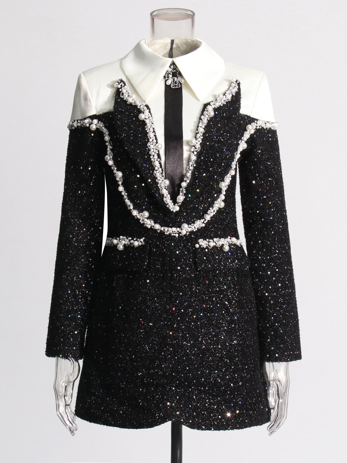 Glamorous Black Tweed Pearl - Embellished Mini Dress.