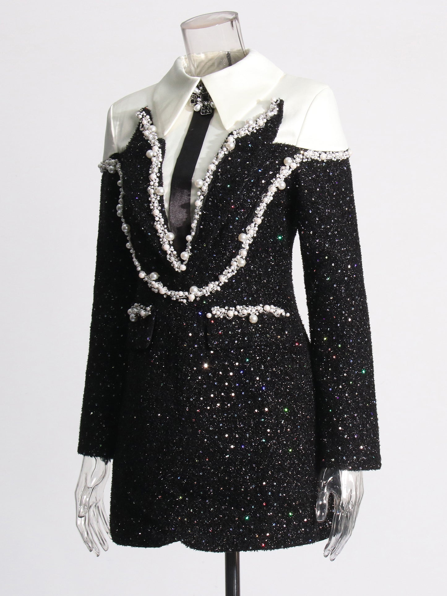 Glamorous Black Tweed Pearl - Embellished Mini Dress.