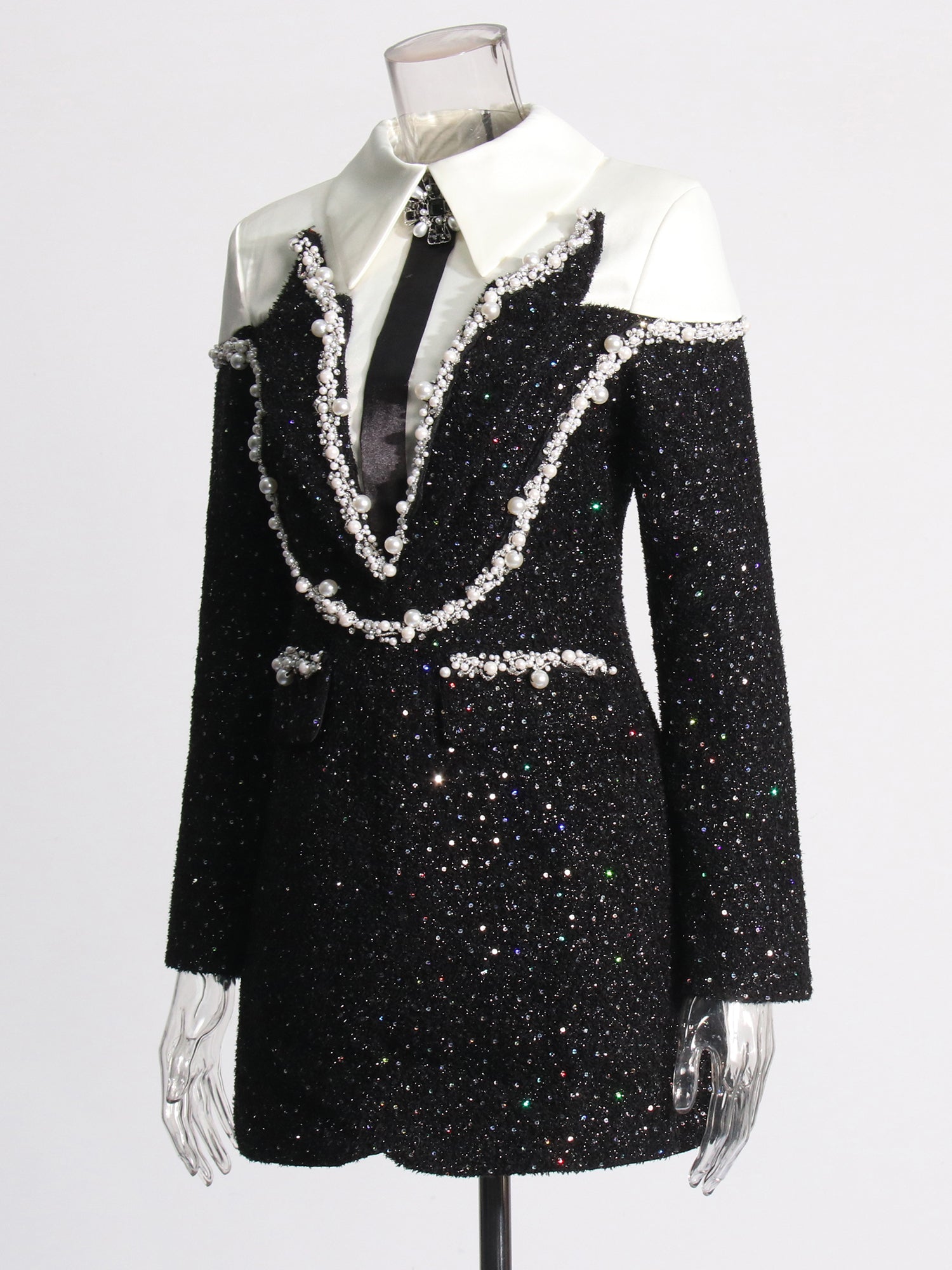Glamorous Black Tweed Pearl - Embellished Mini Dress.
