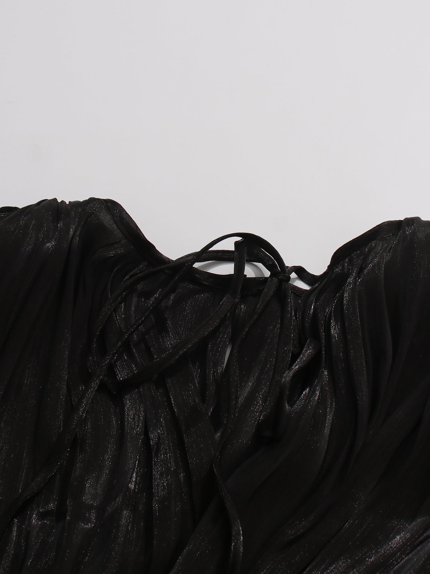 Gothic - Elegant Black Pleated Maxi Dress with Tie Neck and Sash.