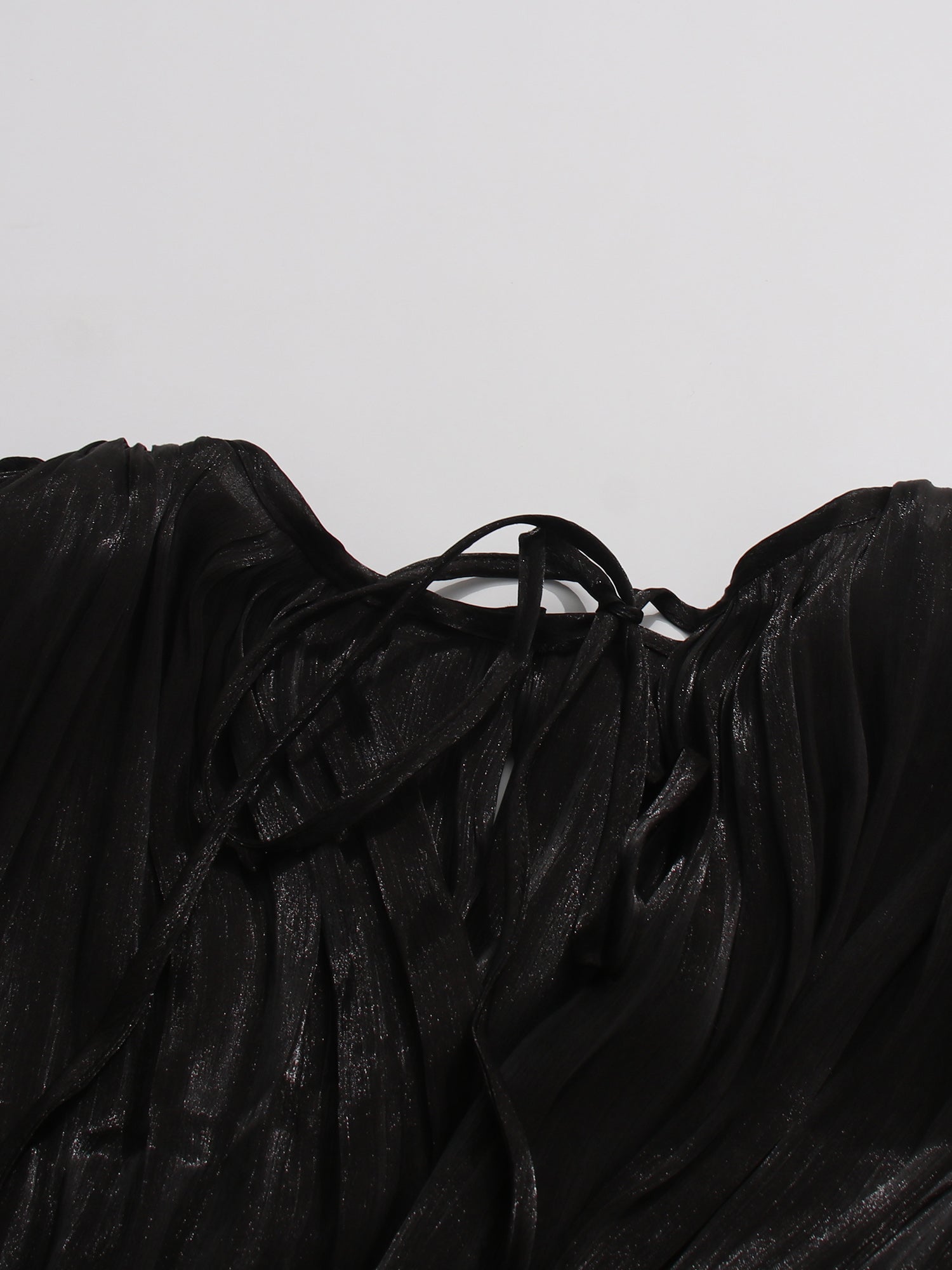 Gothic - Elegant Black Pleated Maxi Dress with Tie Neck and Sash.