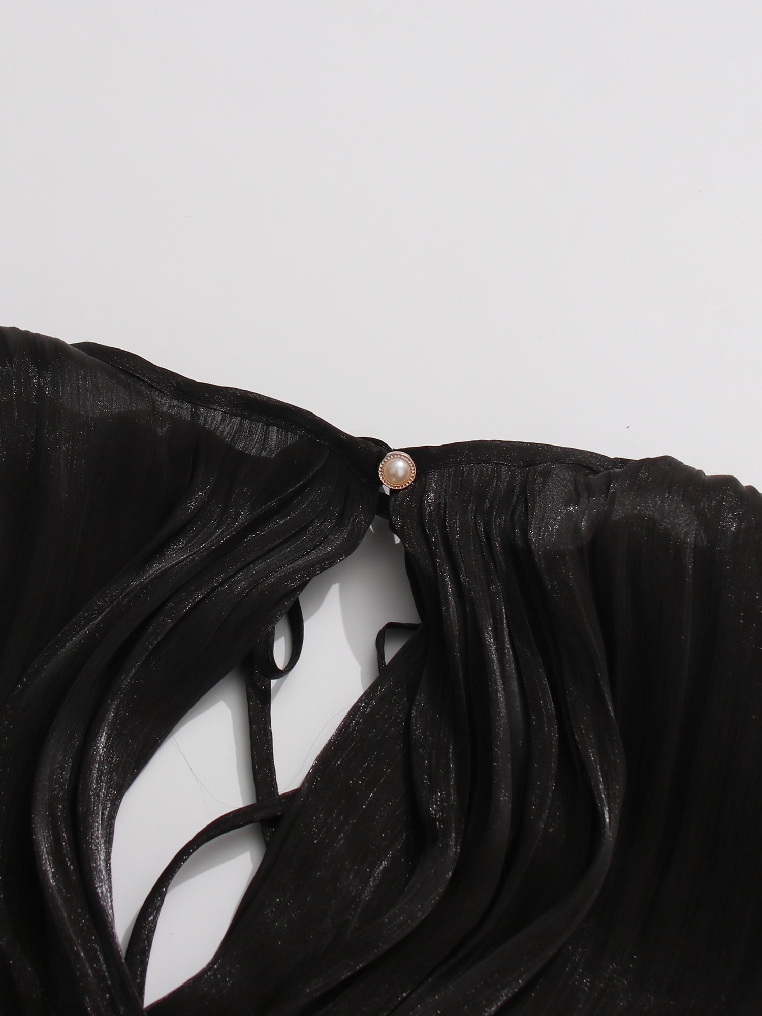 Gothic - Elegant Black Pleated Maxi Dress with Tie Neck and Sash.