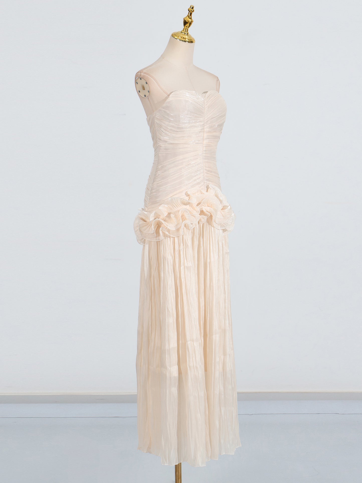 Elegant Apricot Strapless Maxi Dress with Ruffled Detail