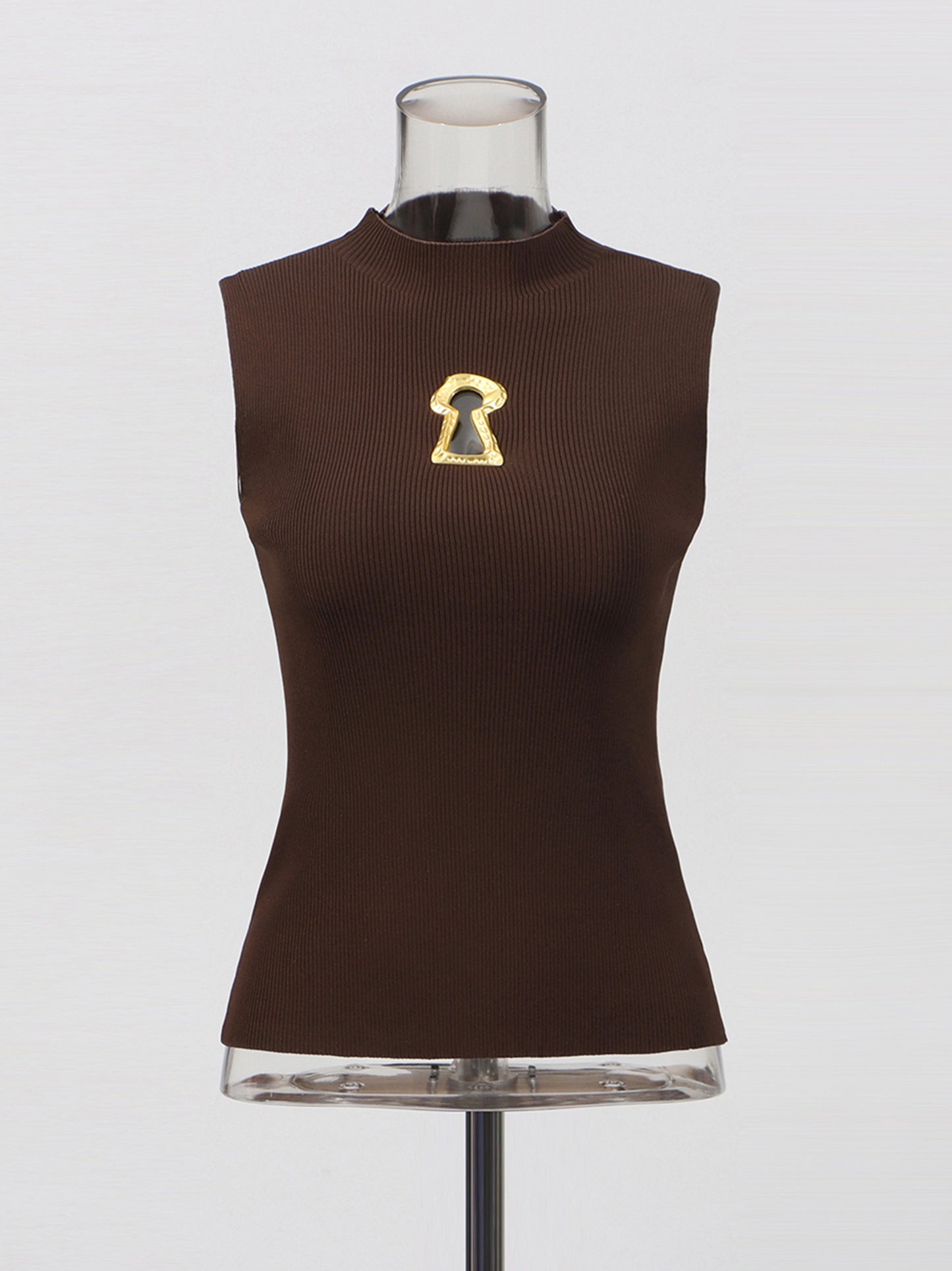 Chic Coffee Sleeveless Top with Gold Keyhole Accent