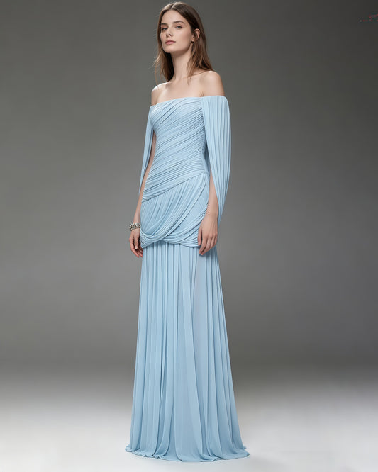 Ice Blue Off-the-Shoulder Ruched Maxi Dress