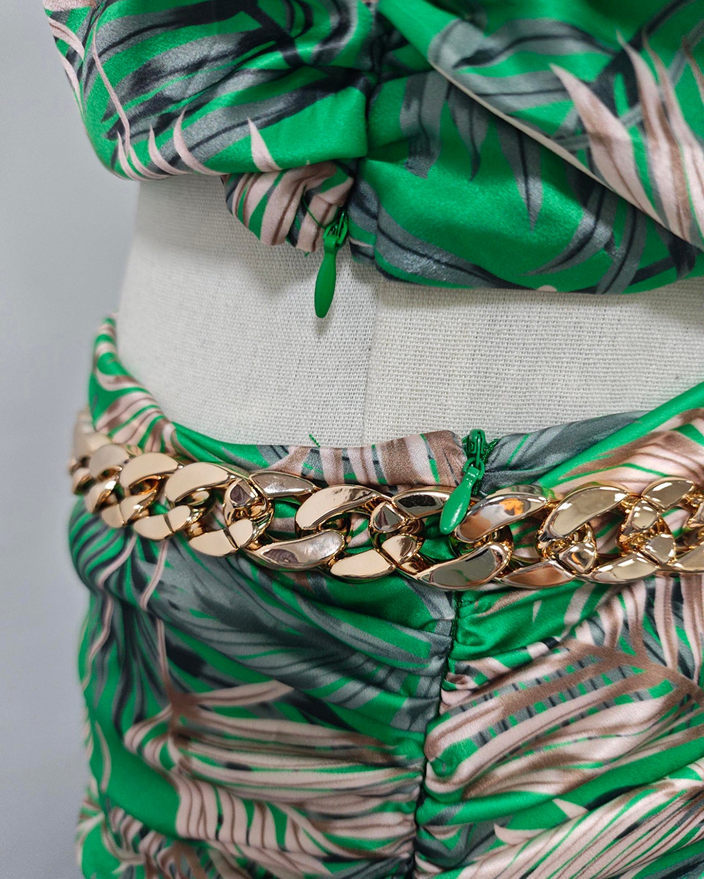 Green Palm Print One-Shoulder Top & Maxi Skirt Set