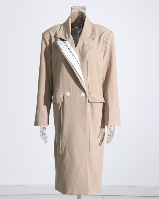 Khaki Coat with Contrast Stitching & Asymmetrical