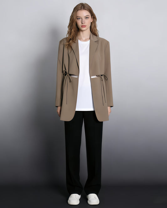 Khaki Cutout Blazer with Tie-Waist