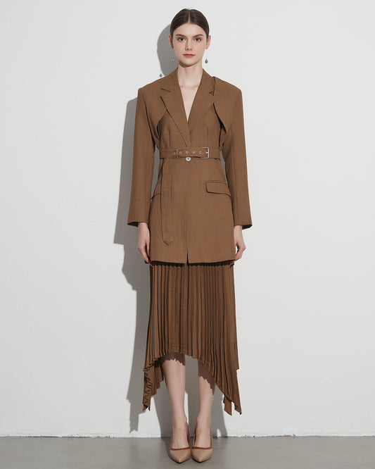 Khaki Pleated Asymmetrical Midi Skirt