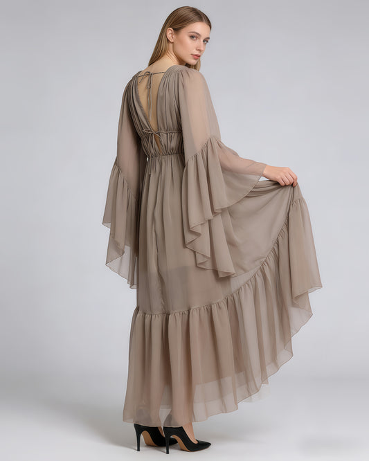 Khaki Ruffle Tiered Chiffon Midi Dress