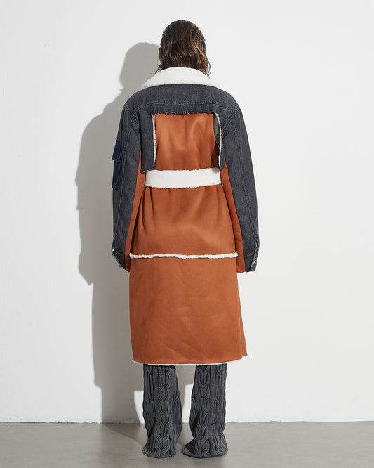 Mixed-Media Shearling-Lined Trench Coat with Belt