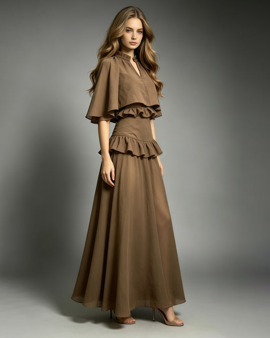 Mochabrown Cape-Sleeve Ruffled Top Maxi Skirt Set