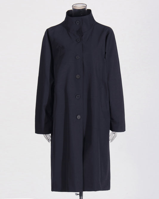 Navy Blue Stand-Collar Longline Coat with Button Front