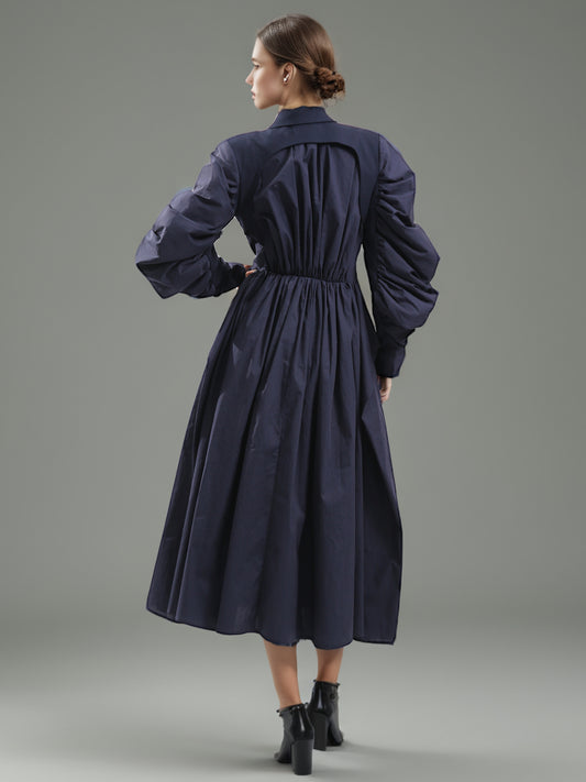 Navy Double-Breasted Trench Coat with Ruched Sleeves