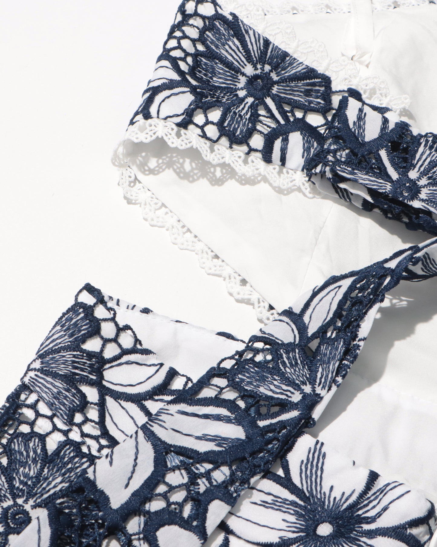 Navy & White Floral Lace Halter Midi Dress