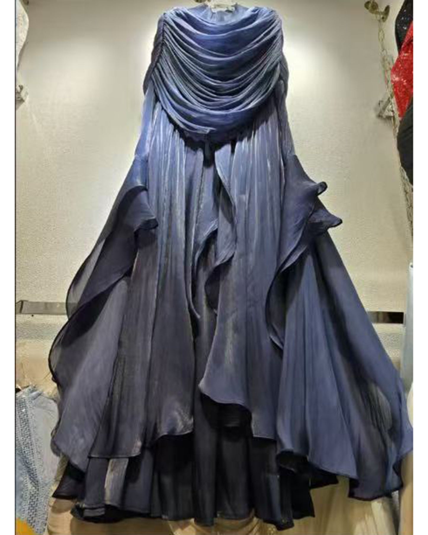 Navyblue Draped Ruffled Asymmetrical Maxi Gown