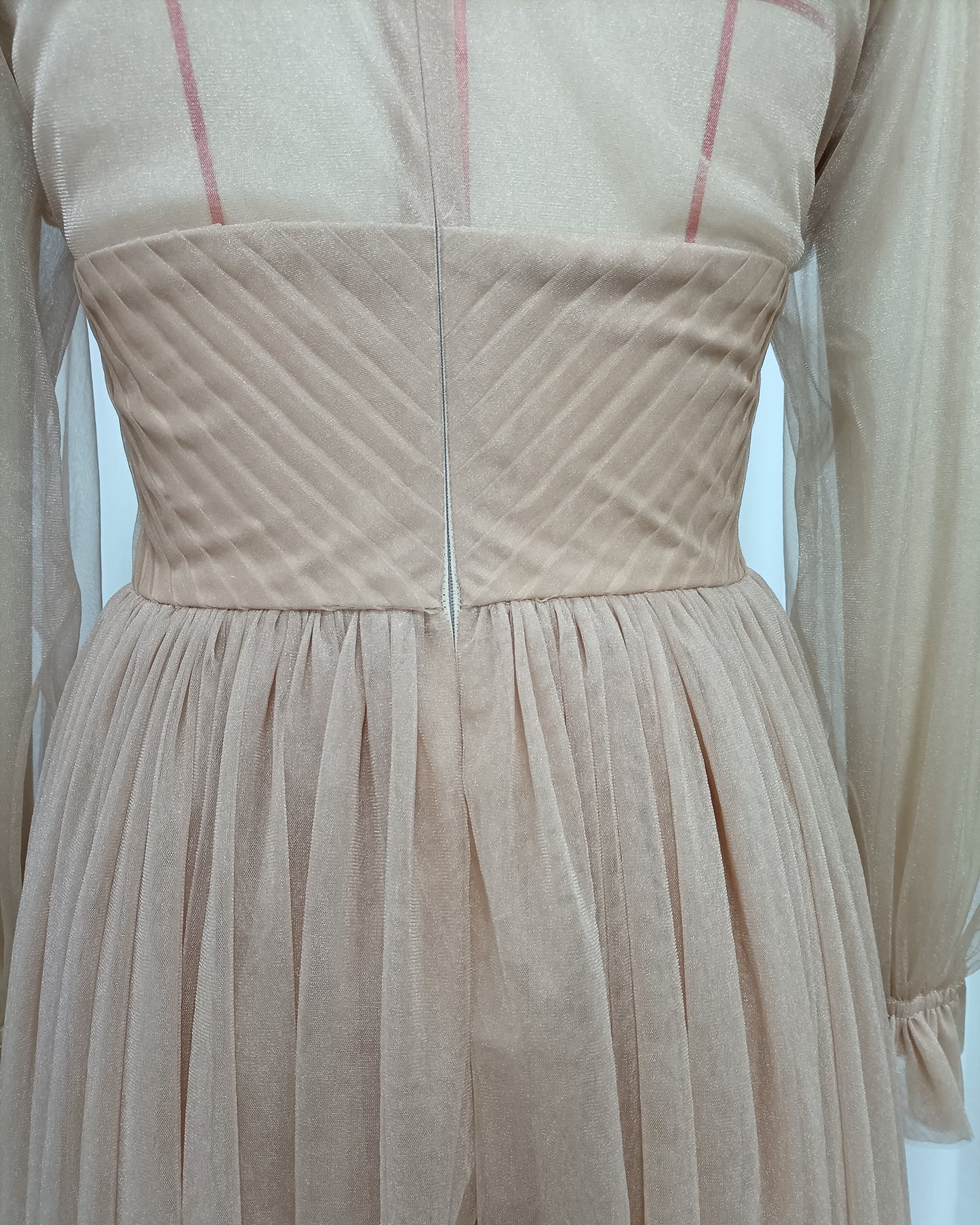Nude 3D Floral Puff Sleeve Tulle Maxi Dress