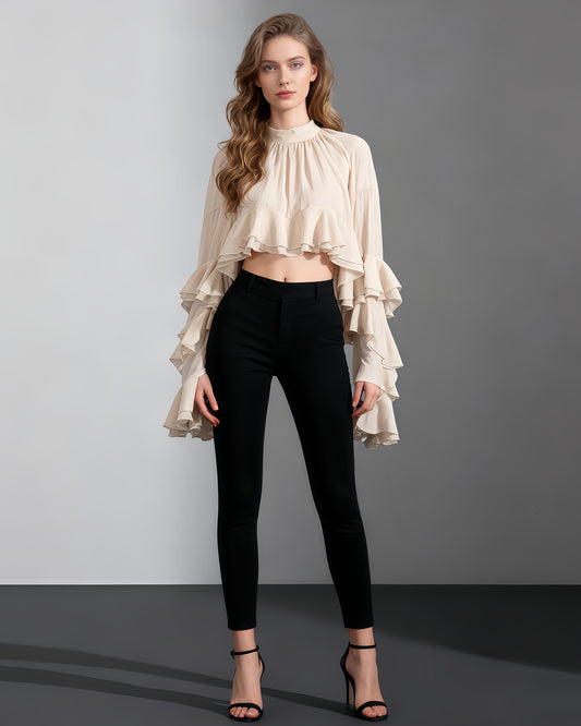 Nude Pink Ruffled Chiffon Blouse with Tiered Bell Sleeves