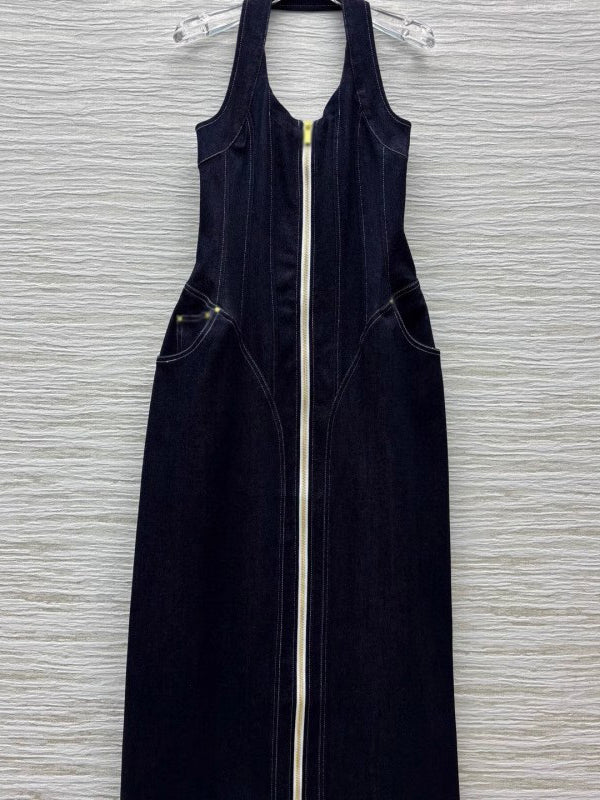 Elegant Denim Sleeveless Long Dress