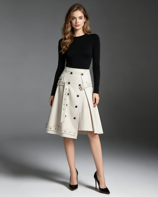 Oatmeal Double Breasted Asymmetric Belt Midi Skirt